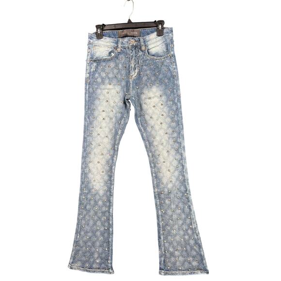 Rebel Denim Jeans Womens 29 Blue Stacked Flare Crystal Studded Rhinestone Pants - Picture 1 of 10